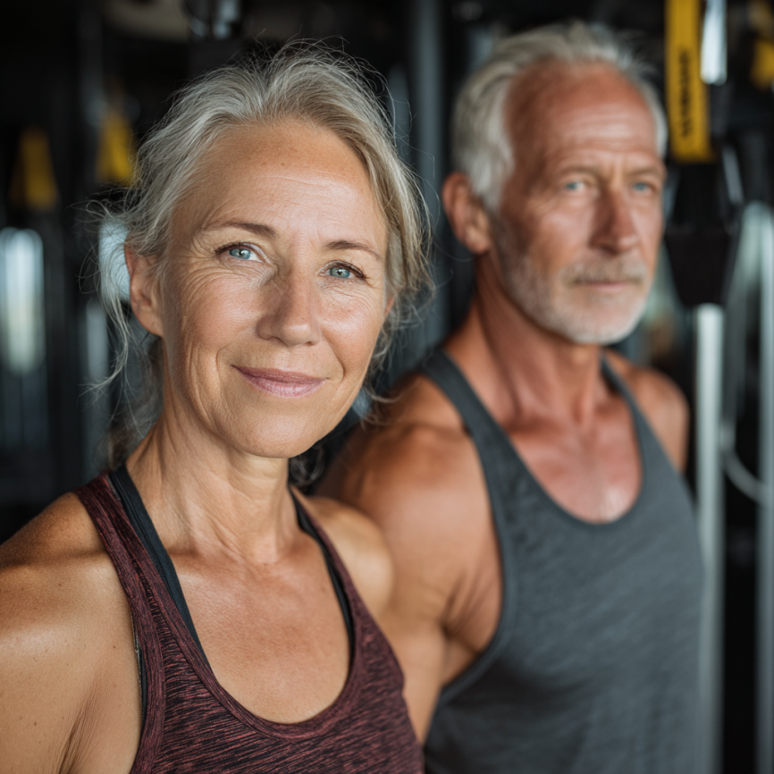 Група літніх людей займається йогою